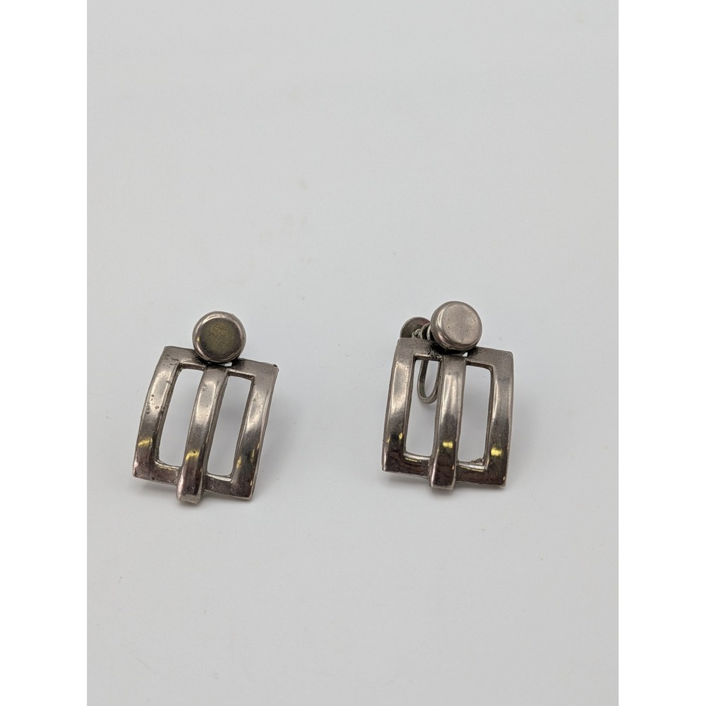 Vintage Silver Tone Geometric Brutalist Screw Back Earrings Unsigned MCM
